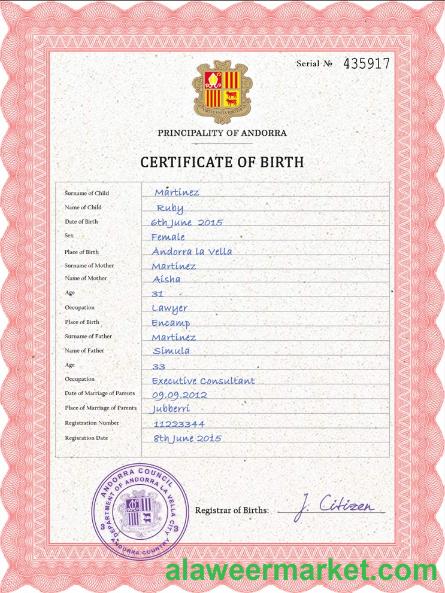 Andorra vital record birth certificate PSD template
